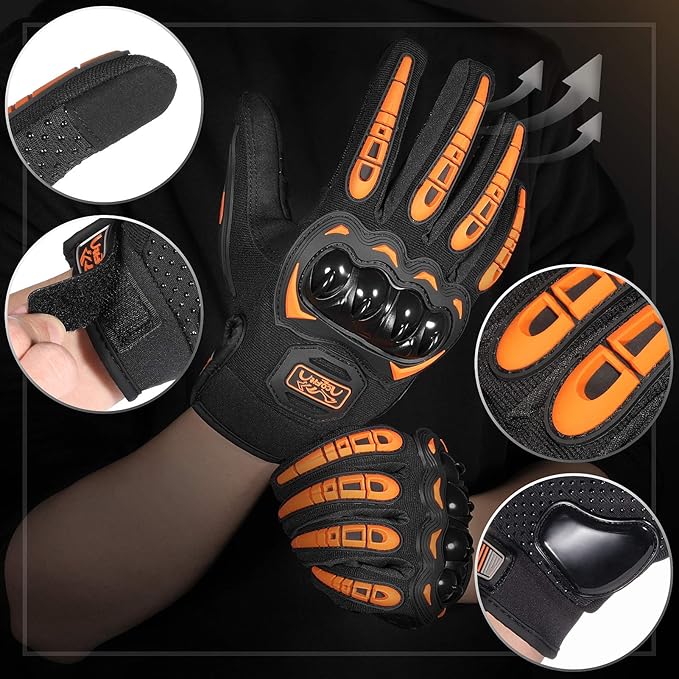 COFIT Motorcycle Gloves Breathable, Touchscreen Motorbike Gloves Anti-slip with Good Grip Hard Knuckles Protection for Men Women Motocross, BMX ATV MTB Cycling, Road Racing - Orange L