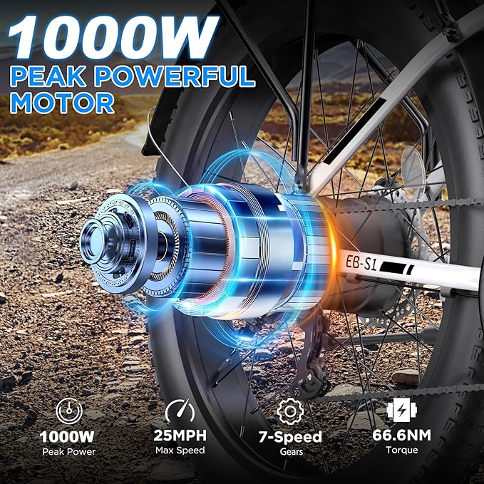 Electric Bike for Adults, 1000W Peak Ebike, 25MPH 60Miles Electric Mountain Bike, 26" Fat Tire Electric Bicycle with 48V 13AH Battery, Front Suspension,7 Speed, Rear Rack, UL 2849 Certified