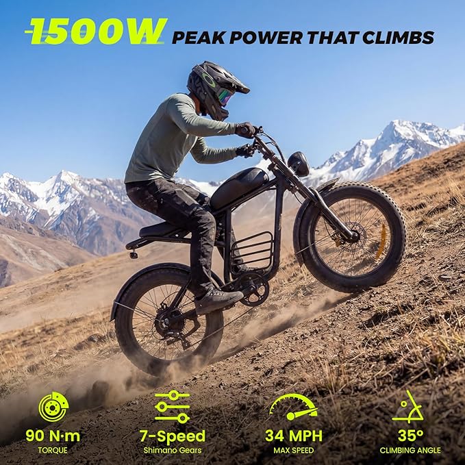Electric Bike for Adults, 1000W/1500W Dirt Bike, 30MPH/34MPH, 48V 15Ah/48V 18.9Ah E-Bike, 30-47 Miles Electric Motorcycle, 20" Fat Tire Off-Road Bike, All Terrain for Mountains, Snow, Sand, Road