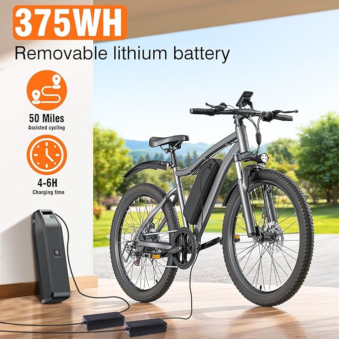 Electric Bike for Adults, 26" Commuter Ebikes with 5-Level Pedal Assist & 7 Speed Gears, 25MPH, 720W Motor, 375Wh Battery, 50 Miles, Lockable Suspension Fork, Lightweight Electric Mountain Bicycles.