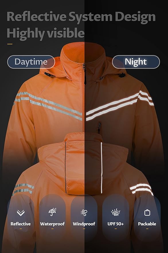 CREATMO US Men's Packable Waterproof Running Rain Coats Reflective Cycling Jacket Windbreaker With Removable Hood