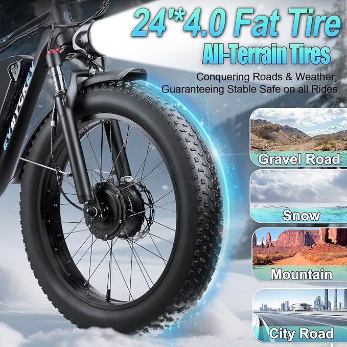 9000W Peak Dual Motor Ebike for Adults 47 MPH Fast ElectricBike, 58V Max Output 1972 Wh Up to 105 Miles Ebikes,24" Fat TireE-Bike,Full Suspension Electric Bicycle for Mountain Commuter Snow
