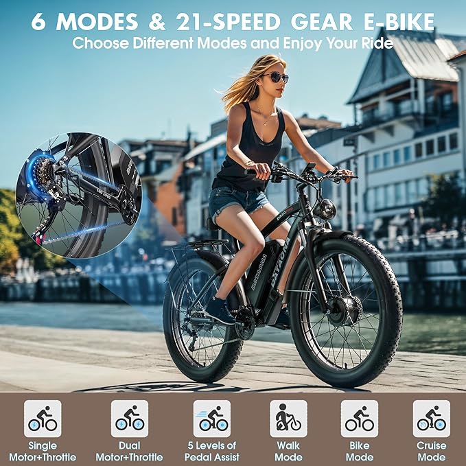 DATAONA 6500W Dual Motor Ebike for Adults Men 20MPH - Fast Electric Bike with 52V 32Ah Battery Up to 100 Miles, Lockable Suspension 24" Fat Tire Electric Bicycle for Off-Road Mountain Snow Commuter UL