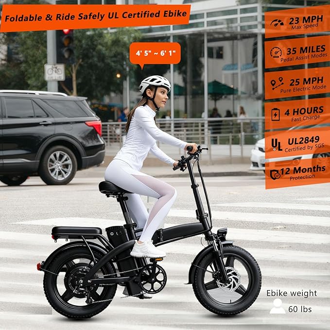 14" Folding Electric Bike for Adults & Teens, 500W Motor 23MPH, 48V 12Ah Removable Battery, UL 2849 Certified, 35 Miles PAS Range, Dual Disc Brake, Compact Ebike Commute, Electric Bicycle with Pedals