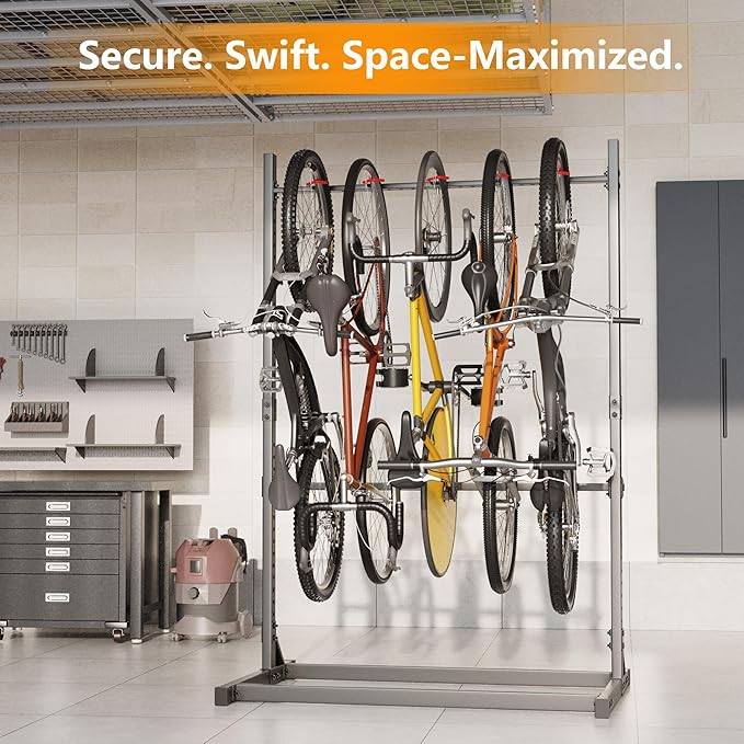 GIOTORENT Freestanding Bike Rack, Vertical Bike Stand for Garage Storage, Heavy Duty 5-Bike Floor Rack with Adjustable Height & Hooks, Space Saving Bike Organizer for Garage, Stable Bike Storage Rack