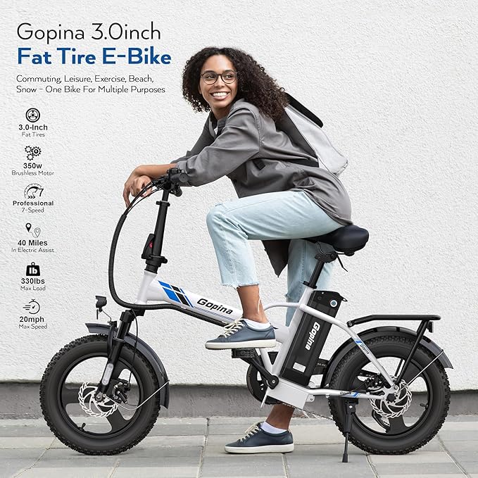 Vivi Gopina Electric Bike, 16" x 3.0 Fat Tire Electric Bike, Peak 500W Step Thru Electric Bicycle, 48V Removable Battery, Up to 40 Miles, LCD Display, 20mph, 7 Speed, SGS Certified to UL2849