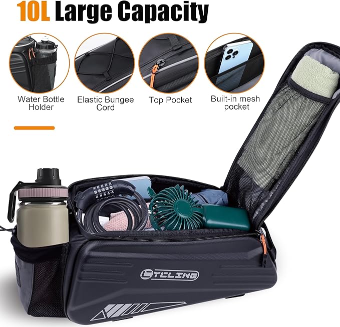 Bike Rack Bag-10L EVA Hard Shell Waterproof 3 in 1 Ebike Trunk Pannier Bag with Reflective Strip & Shoulder Strap for Commuter Travel Outdoor Cycling Accessories (Hard Shell with Rain Cover)