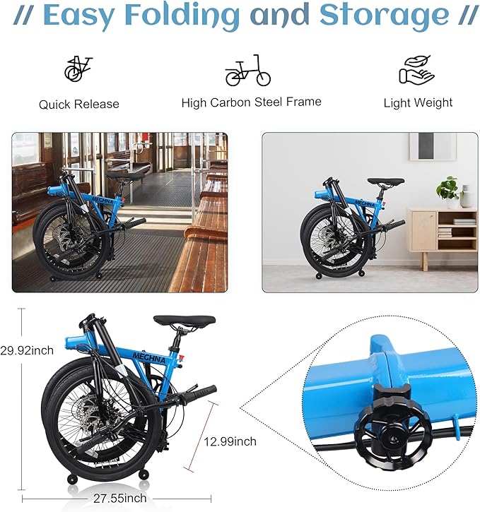 20 Inch Folding Bike for Adults, 7-Speed Shimano Gears & Dual Disc Brakes, Steel Frame,Compact Foldable Design- Perfect for Commuting/Travel