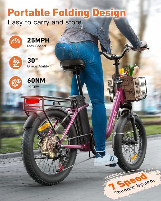 Electric Bike, 1000W Peak Folding Electric Bike, 486Wh 70 Miles Range Ebike, Waterproof Removable Battery, 7 Speed, 25 MPH Max, 20" Step-Thru Bicycle with Front Basket