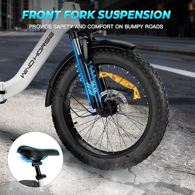 WINDHORSE 20" Foldable Electric Bike, 983W Peak Motor, 20MPH, 40–70 Miles, 48V 748.8Wh Removable UL Battery, Front Suspension, Fat Tire E-Bike for Commuting, Beach, All -Terrain | Adults & Teens