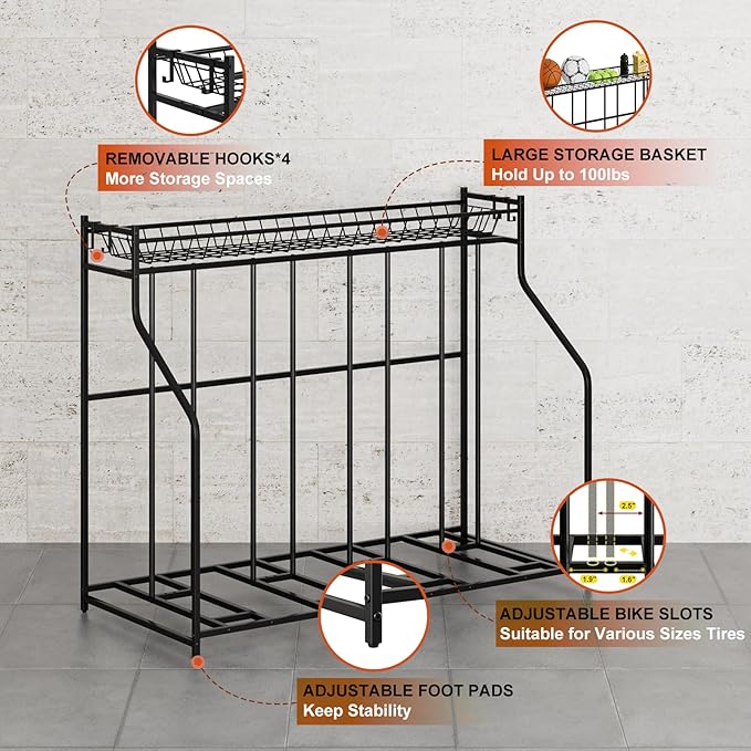 4 Bike Stand, Bike Rack Garage with Storage Rack, Bicycle Stand for Garage Organizer, Indoor Sporting Gear Storage Station for Mountain/Road/Hybrid & Fat Tire Bike