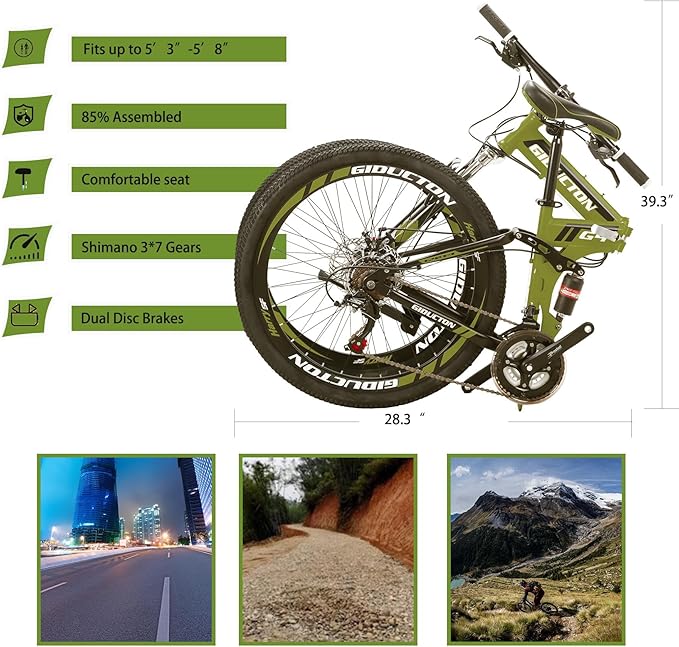 26" Folding Mountain Bike,21 Speed Full Suspension Foldable Bikes,Dual Disc Brakes Bicycle for Adults