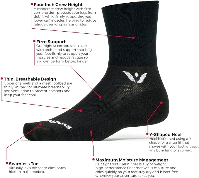 Swiftwick ASPIRE FOUR Trail Running, Cycling Crew Socks, Firm Compression Fit