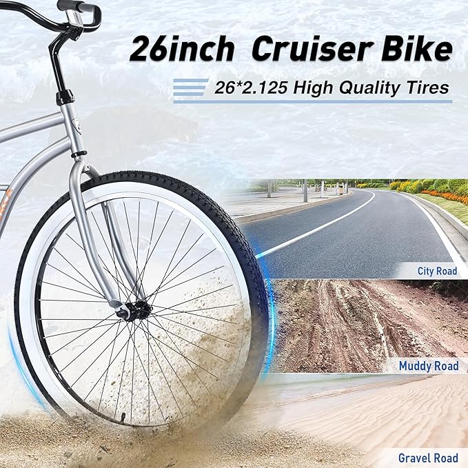Multiple Colors Adult Beach Cruiser Bike, Single Speed Bicycles 26" Inch, Fixed Gear Bike, Wide Wheels for Stability, Rear Coaster Brakes, Multiple Speed Options