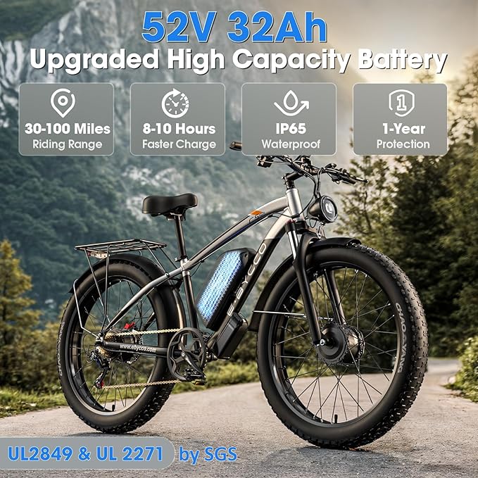 E·Bycco 5000W Peak Dual Motor Electric Bike for Adults, 24" Fat Tire Ebikes 52V 32AH, Max 45 MPH, 100 Miles Long Range, Hydraulic Brake, Pedal Assist Mountain Electric Bicycle