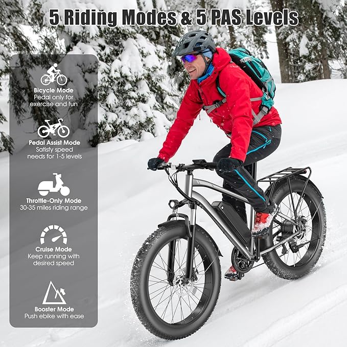 Electric Bike for Adults, 1000W Peak 25MPH 60Miles Ebike,48V 13AH Battery Electric Mountain Bike, 26" x 4'' Fat Tire Electric Bicycle with Rear Rack, Fenders, 7 Speed, UL 2849 Certified
