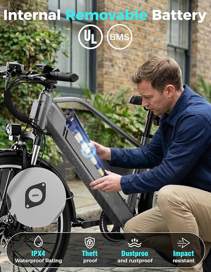Jasion 26" Electric Bike for Adults, Internal Removable Battery Ebike with 3 Modes & 7-Speed, UL2849 Certified, 1200W Peak Motor, Max 28Mph & 50Miles, Shock Absorber, Electric City Commuter Bicycle