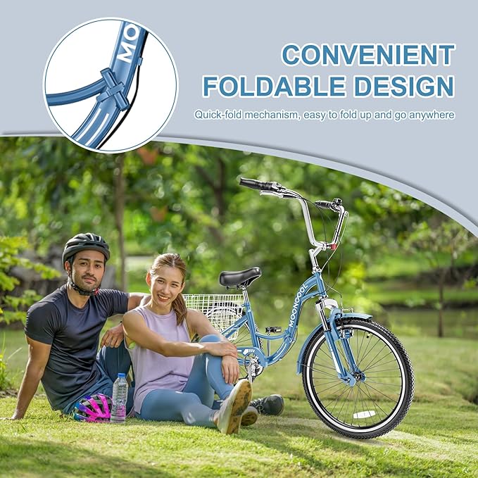NAIZEA Folding Adult Tricycle - 7 Speed 20/24/26 Inch Folding Tricycle for Adult, 3 Wheel Bike, Foldable Trike with Large Basket/Low-Step Through for Men Women Senior