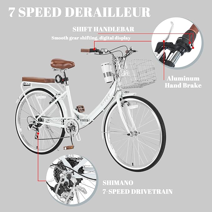 24/26 Inch Beach Cruiser Bike for Women Folding Bikes, 7-Speed Womens Bike with Basket and Coffee Cup, Womens Foldable Bicycle Commuter Bikes for Adults, Adjustable Seat & Dual V-Type Brakes