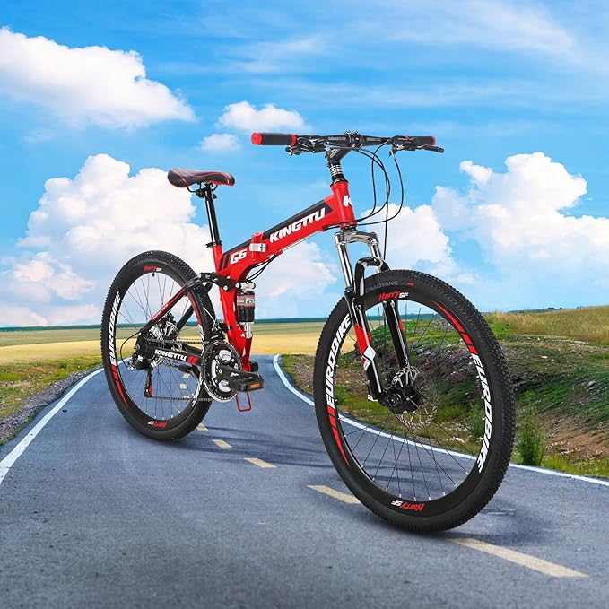 Eurobike Adult Folding Bike HY G6 Bicycle 26 Inches Muti Spoke Wheels 21 Speed Dual Suspension Folding Mountain Bike (Red)