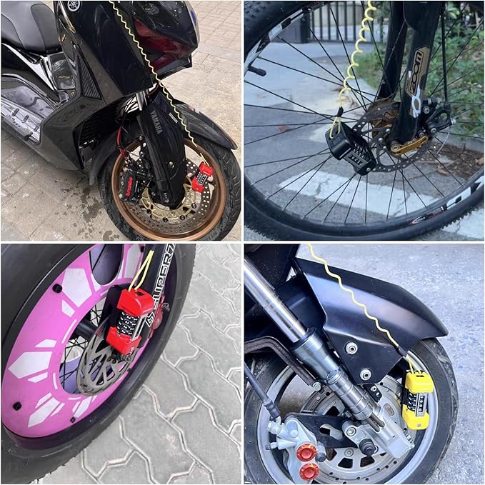 Windance Motorcycle Disc Brake Lock with Reminder Cable, Anti Theft Combination Wheel Lock,Waterproof Aluminum Alloy Keyless Password Security for Motorcycle Scooter Dirt Pit Bike E-Bike (Red)