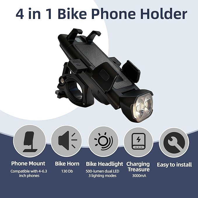 4 in 1 Bike Phone Mount with Light, Bicycle Phone Holder with 500 Lumen LED Headlight,3000mAh USB Charger&130dB Horn,Easy Install for Handlebar,E-Bike,Road & Mountain Bicycle(Black)