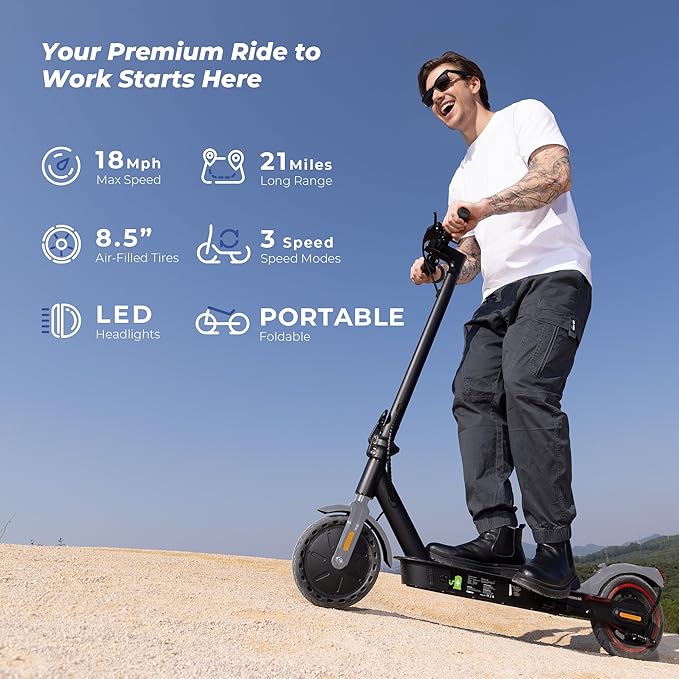 Electric Scooters - Electric Scooter for Adults, 500W Peak Motor, 18 Max MPH, 21 Miles Range, APP Control, Lightweight Foldable E-Scooter