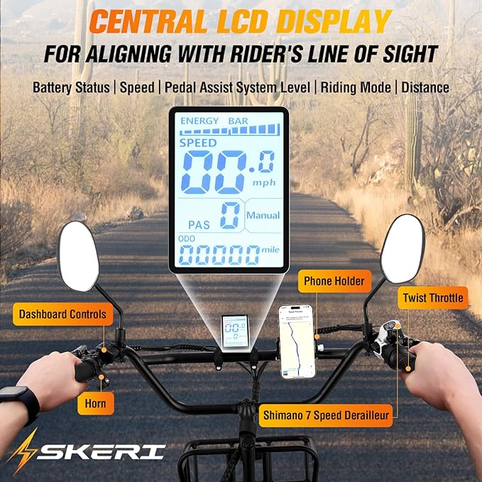 Skeri Electric Tricycle for Adults, 750W(Peak 1350W) Motor Etrike, 20"x4" Folding Fat Tire Electric Trike, 48V13Ah Battery, 3-Wheel Electric Bike, 20MPH, Front & Rear Basket & Differential