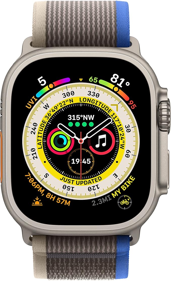 Apple Watch Ultra [GPS + Cellular 49mm] Titanium Case with Blue/Gray Trail Loop, M/L (Renewed)