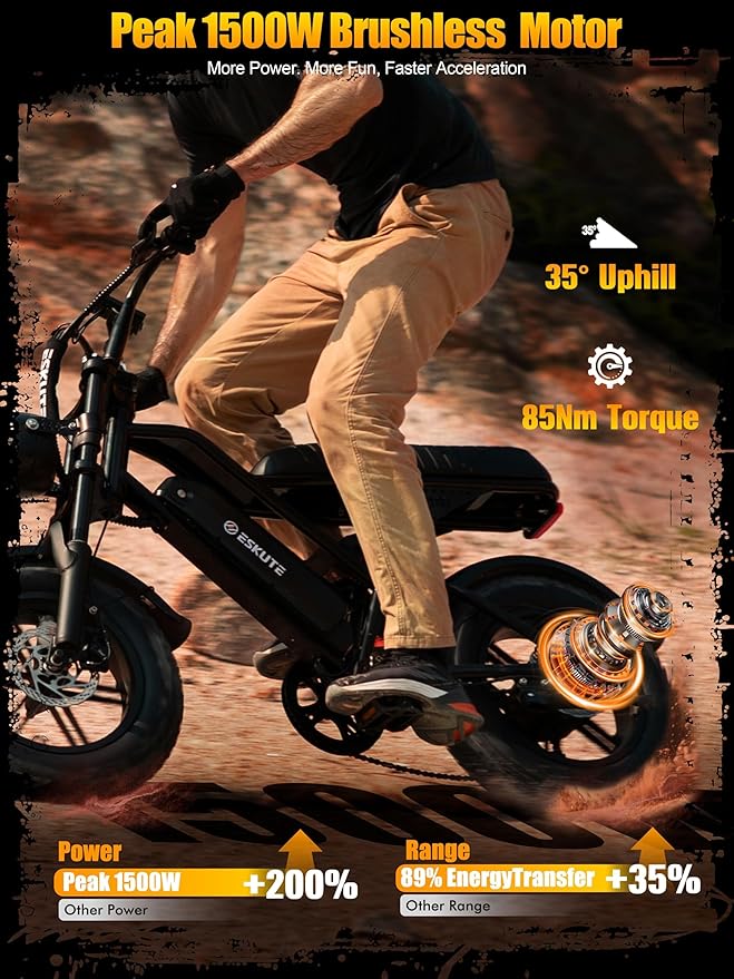 ESKUTE V100 Electric Bike for Adults, Electric Dirt Bike 1500W Peak Motor, All Terrain Dual Suspension E Bike 28MPH Top Speed, Ebike Up to 60 Miles Range, 16" Fat Tire, 48V13Ah Battery, 7-Speed