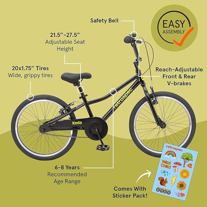 Retrospec Koda Plus Kids Bike for Boys & Girls Ages 6-8 Years - 20" Children's Bicycle, Adjustable Seat & Handlebars