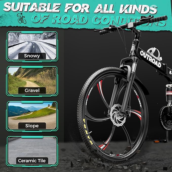 26 Inch Adult Folding Bikes/Mountain Bikes, 21 Speeds Mountain Bicycles with Full Suspension, Dual Disc Brake, High Carbon Steel Frame, Foldable Bike for Men/Women/Teen, Multiple Colors