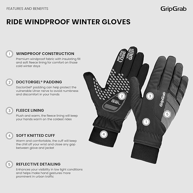 GripGrab Ride Windproof Winter Cycling Gloves Thermal Full Finger Padded Fleece Lined Cold Weather Warm Bicycle Glove
