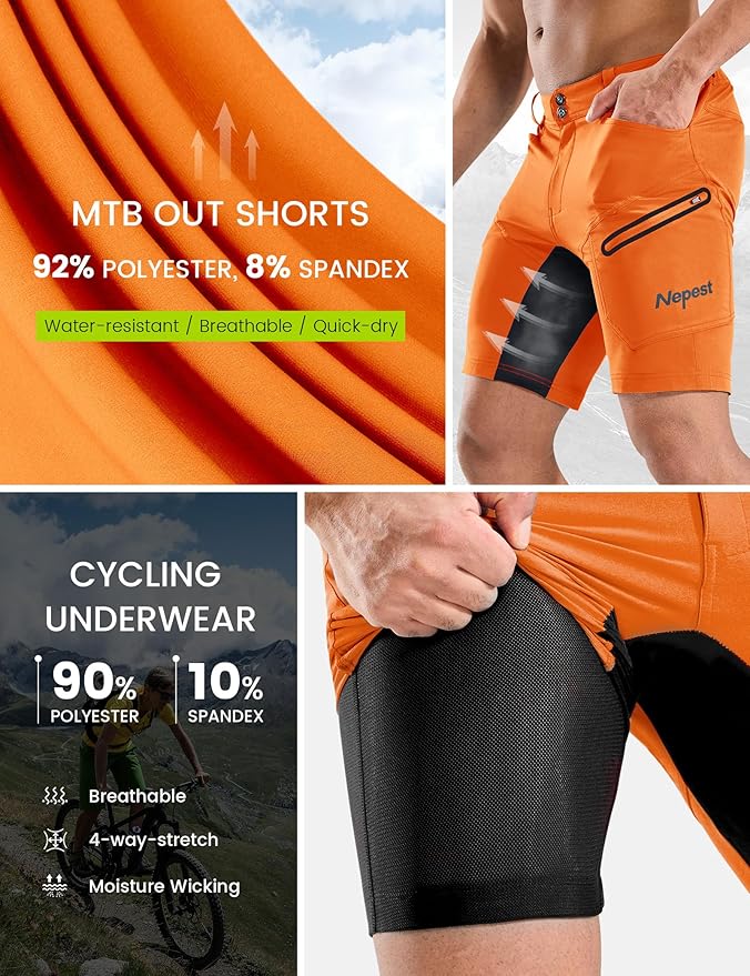 Nepest Mens Mountain Bike Shorts 3D Padded MTB Bicycle Riding Cycling Short Padding Liner Baggy Quick Dry,Zip Pockets