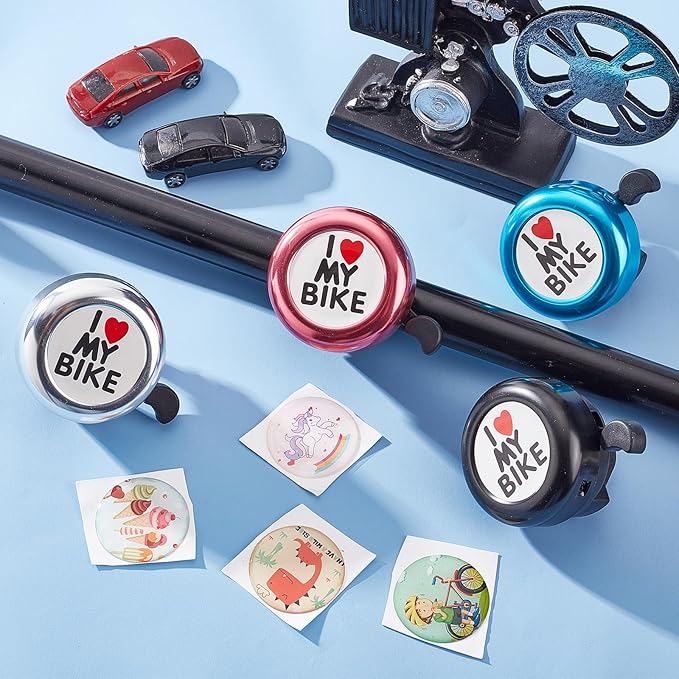CREATCABIN I Love My Bike Bicycle Bell Aluminum Alloy Bike Bells Ring Round Pink Loud Sound Cycling Handlebars Bells with 4Pcs Resin Stickers