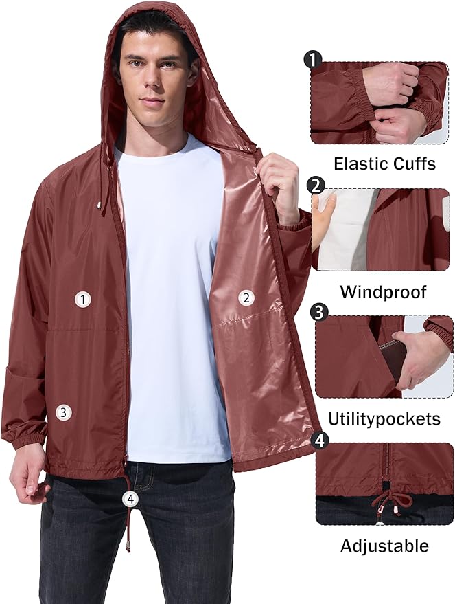 Mens Rain Jacket Raincoat Windbreaker Running Waterproof Lightweight Packable with Hood Travel Hiking Cycling