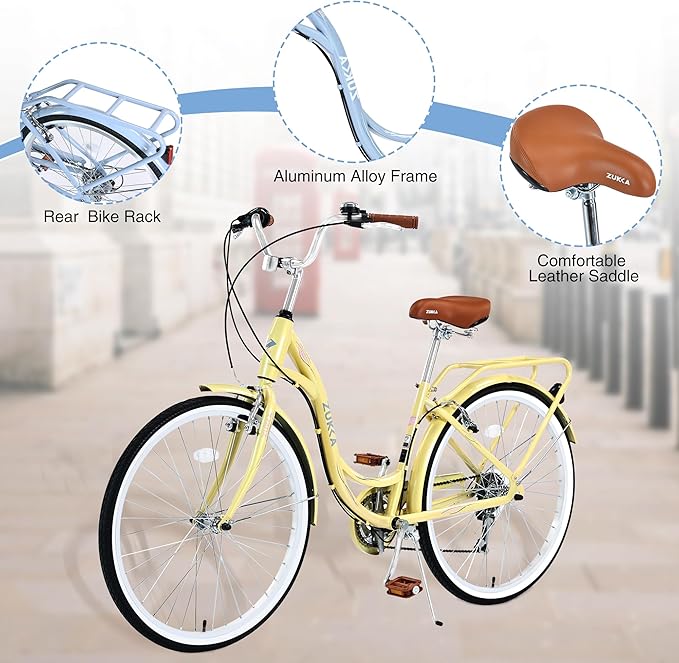 ZUKKA Beach Cruiser Bike for Women 24/26 Inch Ladies Bike 7 Speed Complete Cruiser Bikes with Dual V-Brake and Adjustable Seat, Adult City Bike for Women, Men, Multiple Colors