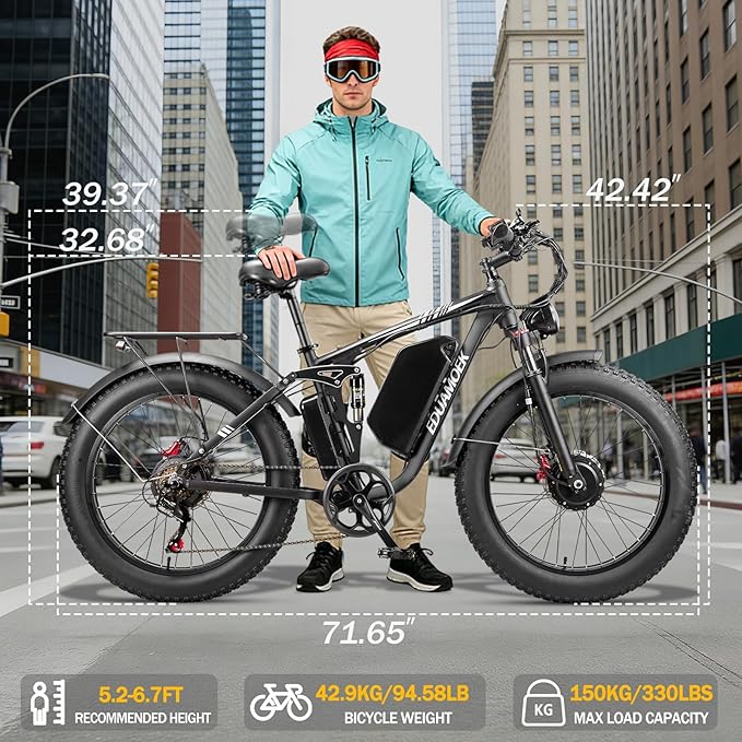 Peak-9000W-Dual-Motor-Electric-Bike for Adults, 52V 34AH Battery Up To 105 Miles, 42-46M PH Fast-Dual-Motor-Ebike,24"*4" Full-Suspension-Women-Men-Fat-Tire-Electric-Bicycle for Mountain Snow Off-Road