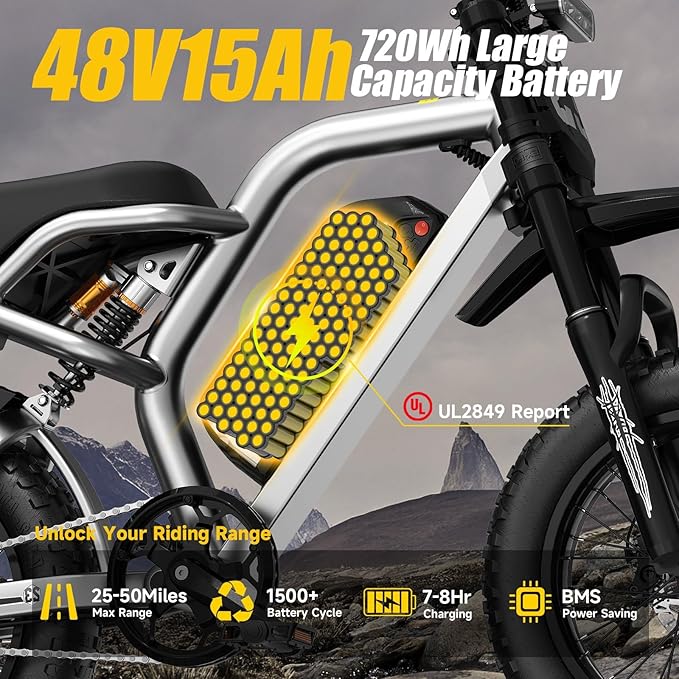 Electric Dirt Bike for Adults - Peak 1500W/3000W Electric Bikes, 48V/52V 15.6Ah/25Ah/40Ah, 50-100 Mile Range(PAS Mode), 16/20 Inch All-Terrain Fat Tire Motorcycle