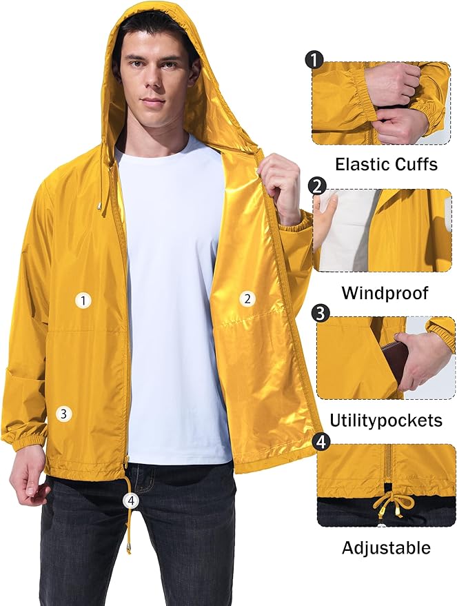 Mens Rain Jacket Raincoat Windbreaker Running Waterproof Lightweight Packable with Hood Travel Hiking Cycling