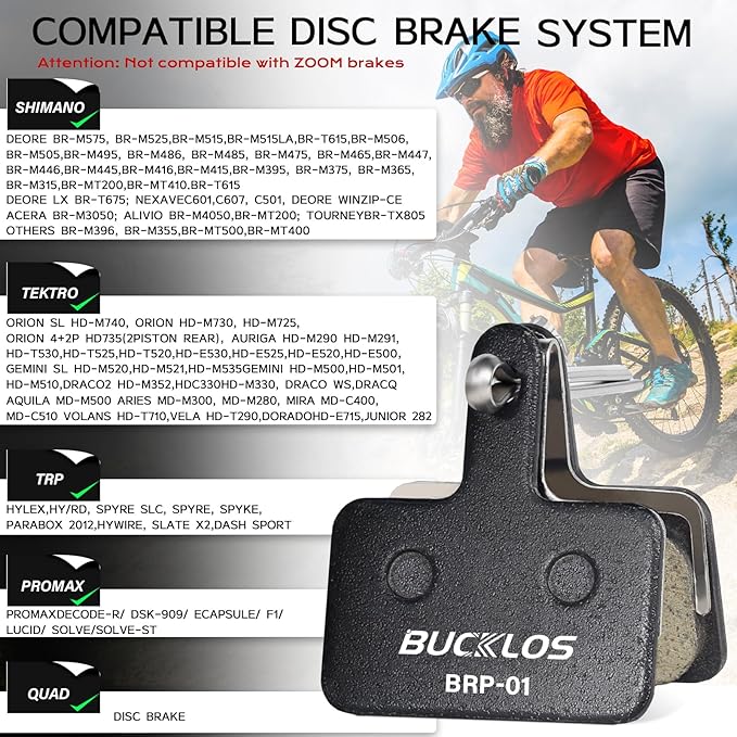 BUCKLOS Bike Disc Brake Pads for TRP Tektro Shimano MT200 Deore Br-M575 M525 M515 T615 T675 M505 M495 M486 M485 Ridstar Q20,Bicycle Disk Brakes Pads for Mountain Bike/Electric Bike/Road/Scooter/Ebike