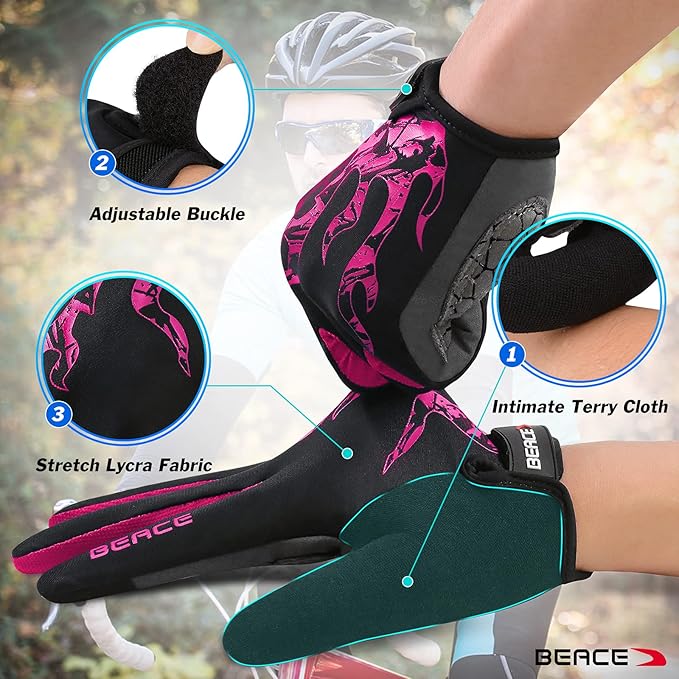 BEACE Cycling Gloves for Men Women - Full Finger Mountain Bike Gloves With Touch Screen and Anti-Slip Silicone Palm - Workout and Road Bicycle Gloves