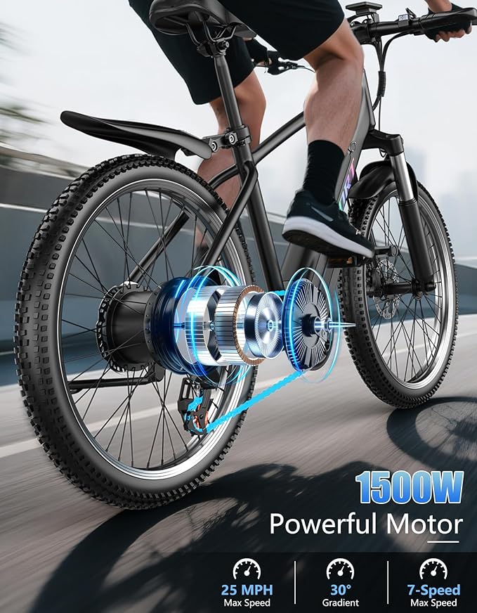 ASKGO Electric Bike for Adults, 1500W Peak E-Bike with 7-Speed, Electric Mountain Bike with 48V 12Ah Removable Battery, Up to 65 Miles 25MPH, 26" Electric Bicycle for Commute, Front Fork Suspension