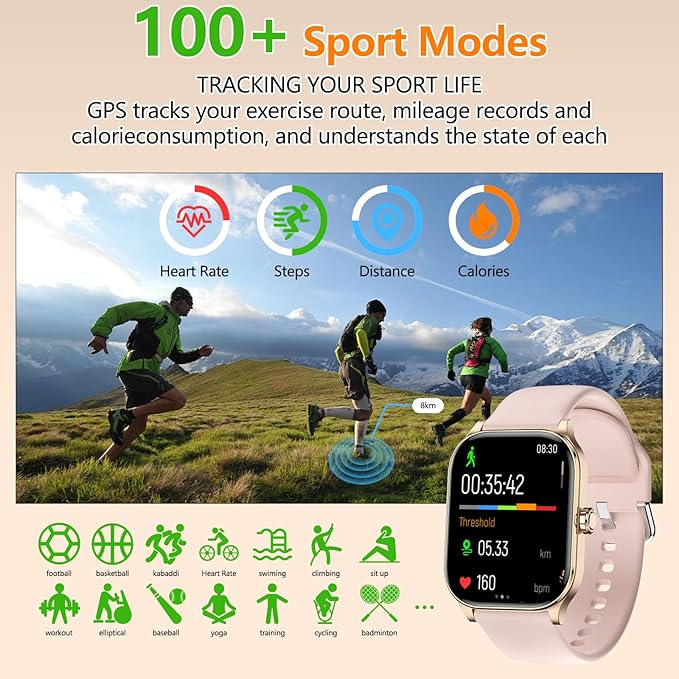Smart Watch for Women Men with Text and Call, Smartwatches with Heart Rate/SpO2/Sleep/Stress Monitor, 100+ Sports Modes, Fitness Watches Compatible with iOS/Android (Pink, 1.96")