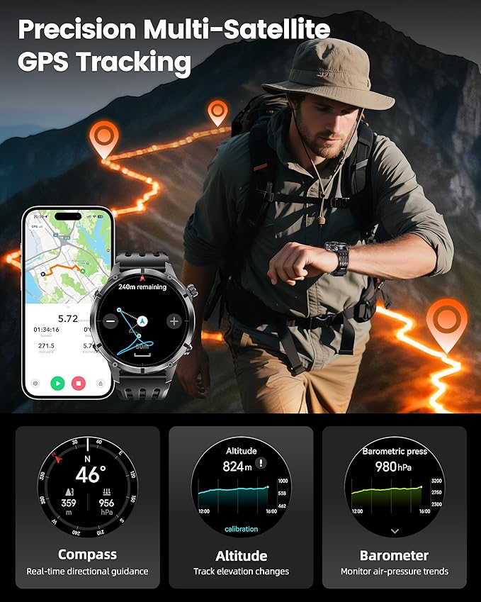 WalkerFit GPS Smart Watch for Men, Multi-Satellite Positioning, Full Metal Body, 520mAh Long Battery Life, 5ATM Waterproof with Bluetooth Call, 1.43" AMOLED Screen, for iPhone/Android, Black