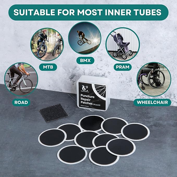 VeloChampion Puncture Repair Kit | Self-Adhesive Bike Tyre Patches for Road, MTB, BMX, Ebike| Travel Size Bicycle Puncture Repair Kit | 6, 10 or 40 Pack + Optional Tyre Levers