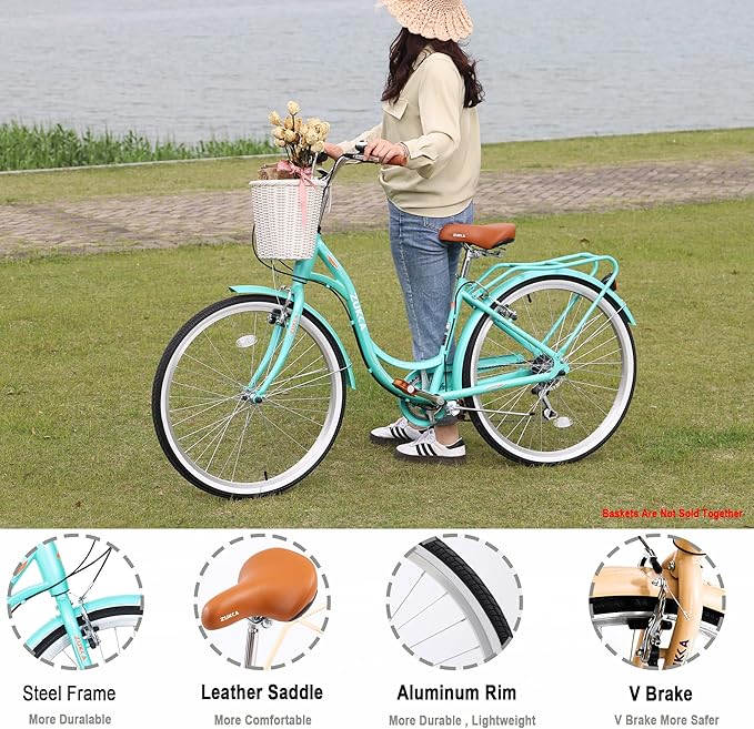 ZUKKA Beach Cruiser Bike for Women 24/26 Inch Ladies Bike 7 Speed Complete Cruiser Bikes with Dual V-Brake and Adjustable Seat, Adult City Bike for Women, Men, Multiple Colors