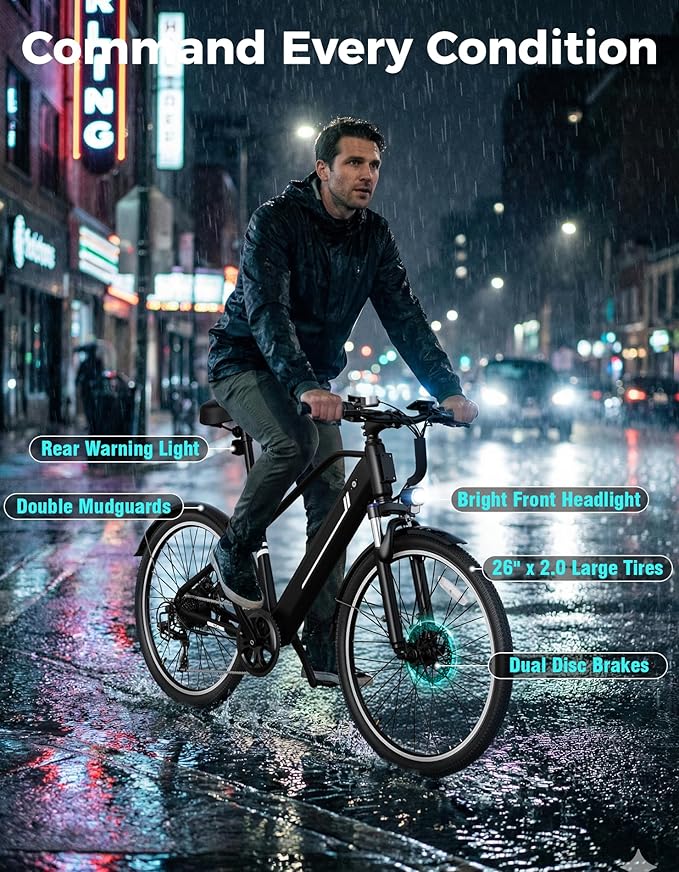 Jasion 26" Electric Bike for Adults, Internal Removable Battery Ebike with 3 Modes & 7-Speed, UL2849 Certified, 1200W Peak Motor, Max 28Mph & 50Miles, Shock Absorber, Electric City Commuter Bicycle