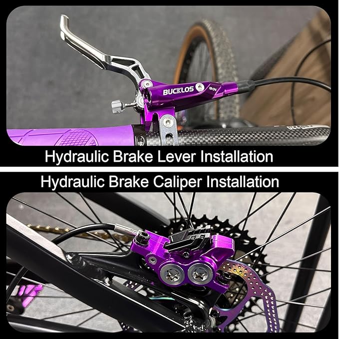 BUCKLOS MTB Hydraulic Disc Brake Set 4 Pistons Front 850mm and Rear 1550mm Hydraulic Brakes with Aluminum Alloy Lever with Caliper Ceramic Brake Pad Fit Mountain Bike,Ebike,Fat Bike HB-CP4 (Pre-Bled)