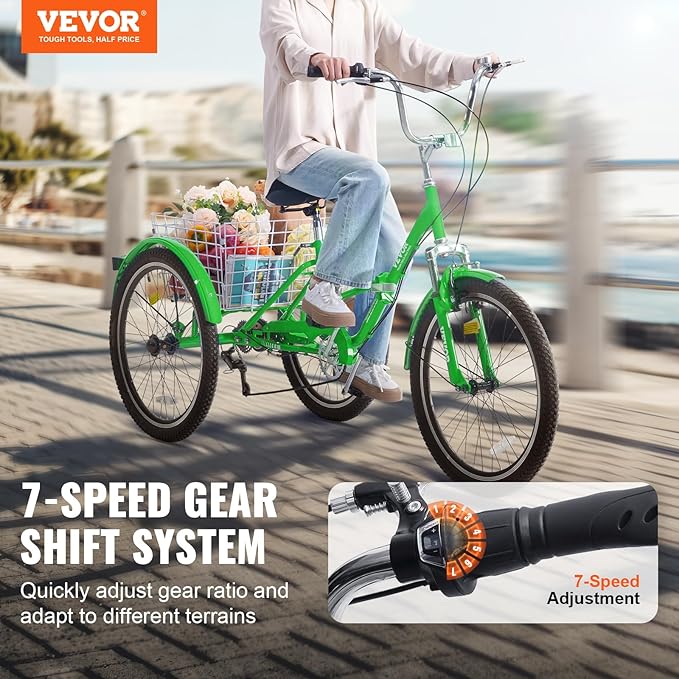 VEVOR Folding Adult Tricycle,Adult Folding Trikes, 3 Wheel Cruiser Bike with Large Basket & Adjustable Seat, Shopping Picnic Foldable Tricycles for Women, Men, Seniors